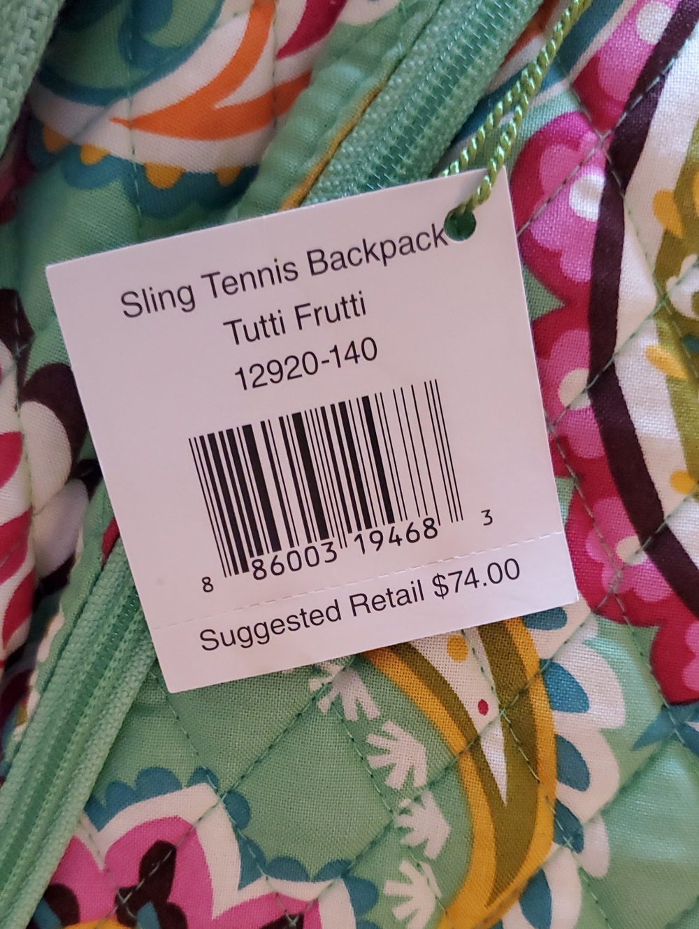 Vera Bradley Green Pink Paisley Tutti Frutti Quilted Sling Tennis Backpack NWT - Picture 9 of 15